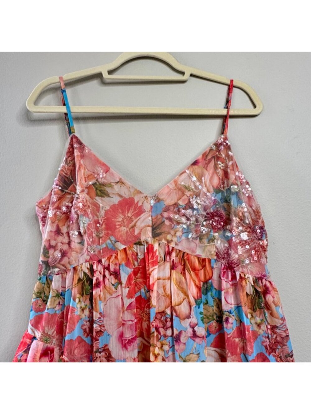 BADGLEY MISCHKA Floral Tiered Maxi Dress Womens 16 Fancy Coral Blue Ruffles - Picture 3 of 12
